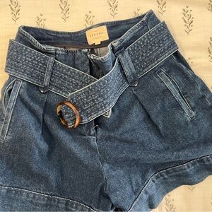 Sezane High Waist Denim Shorts with Belt - Blue